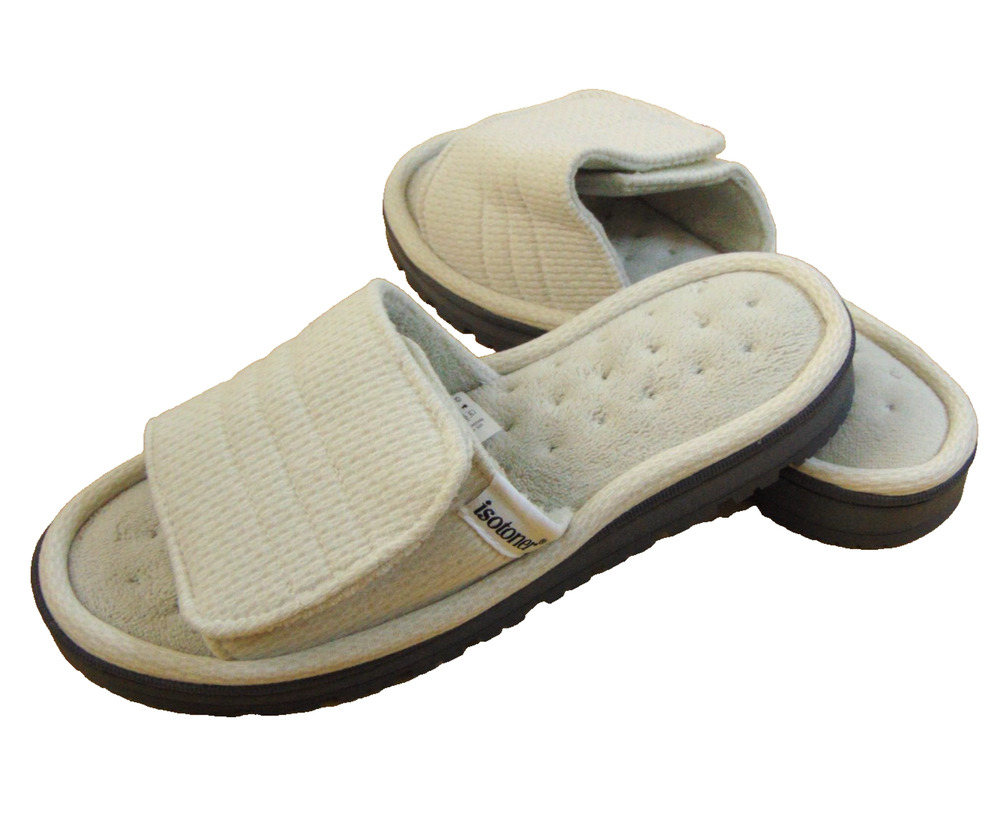 Isotoner Womens Active Adjustable Slide Slippers Memory Foam Beige L 8.5-9 NWT